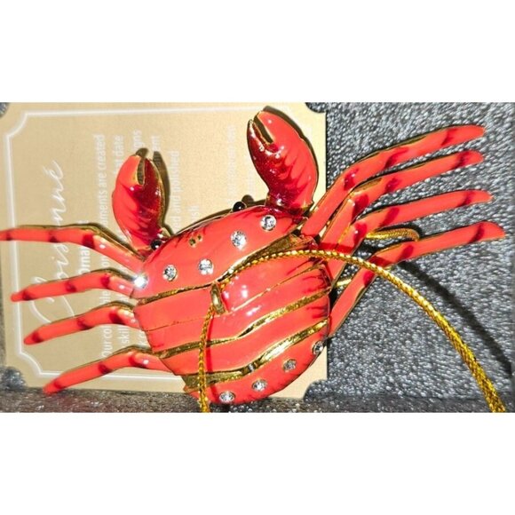 Ornament Peir 1 Cloisonné Red Crab Gold Rhinestones Handmade Box Included - Picture 4 of 5